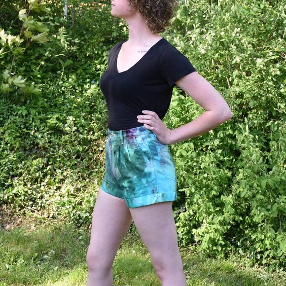 Ice Dyed Denim Shorts - High-rise Pleated - Upcycled - Jade Purple (Women's 27) - Picture 5 of 12